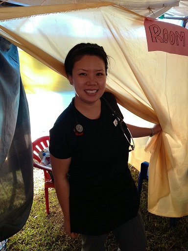 Pam Hiransomboon-Vogel modeling her &quot;exam room&quot; in Nangaiza.