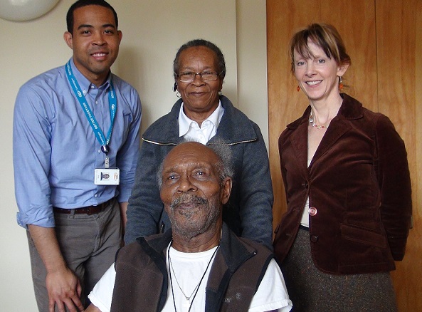 CareOregon team members interviewed HCP patient Herman McLaurin (center front) to get his thoughts of what Independence and control meant to him.  (l Uriel Frazier CareOregon, Catherine Perry (Herman's sister) and Jennifer Pratt, CareOregon)